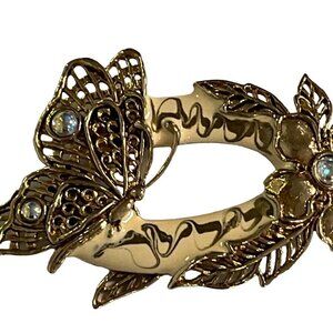 Vintage JJ Jonette Gold Tone Filigree Enamel Butterfly Floral Flower Brooch Sign